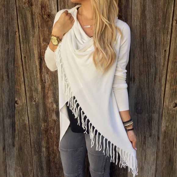 Fringe Trim Cowl Neck Wrap Style Sweater Ivory - Picture 3 of 7